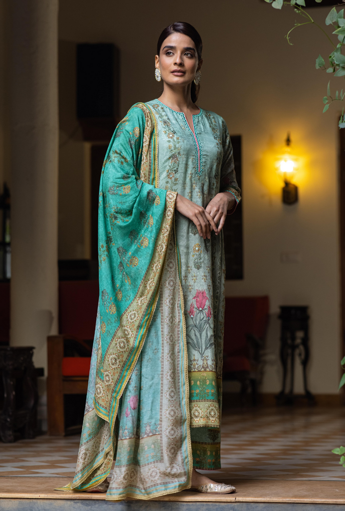 Aqua Mirror Work Malang Kurta Set