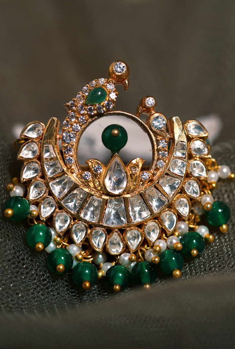 Gold Plated Silver Polki Bird Ring With Green Stones & Pearls