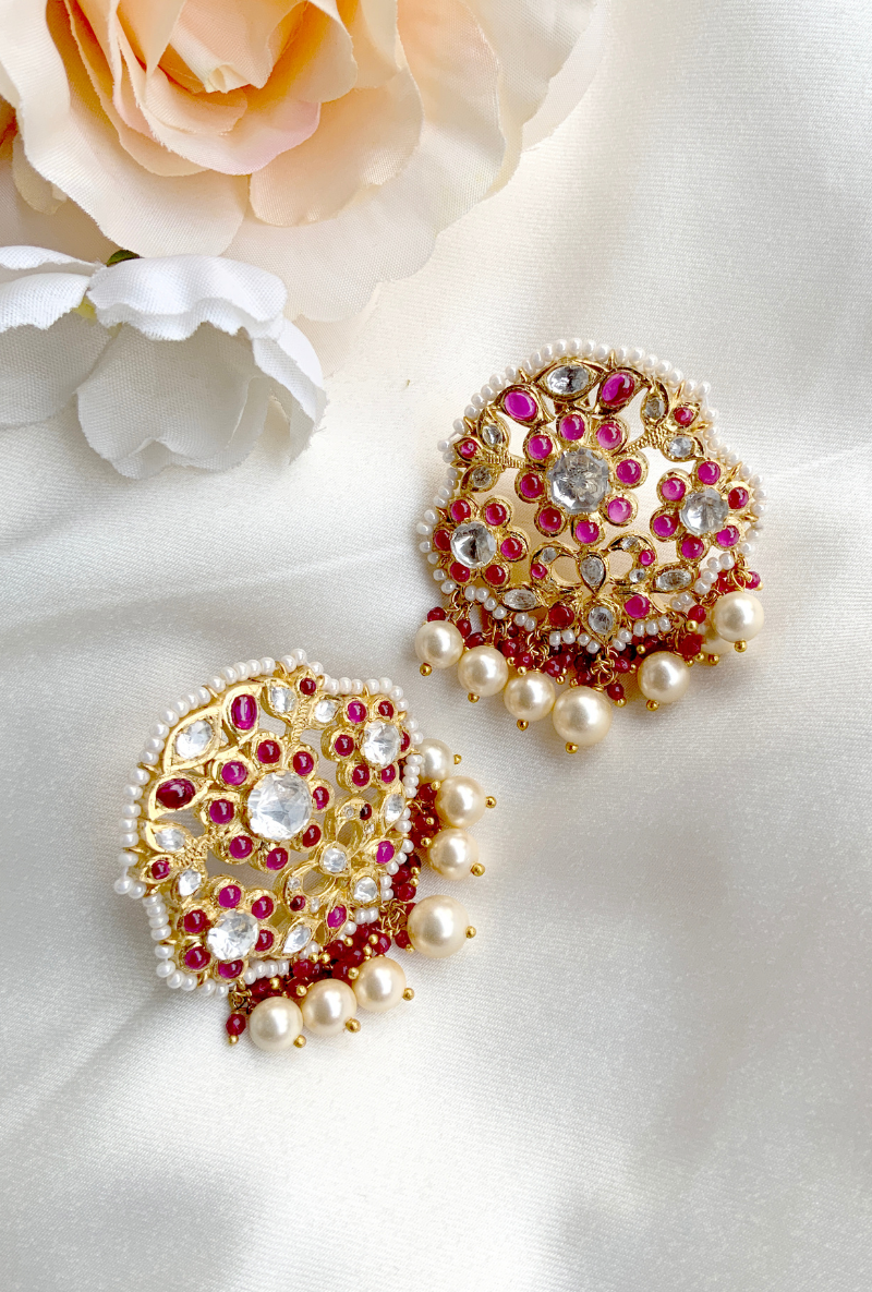 Gold Plated Silver Polki & Red Stone Earrings With Fresh Water Pearl Drops