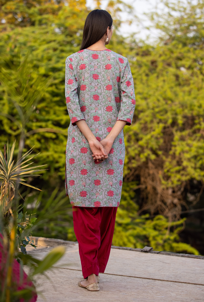 Grey/Red Pankhuri Salwar Kurta Set