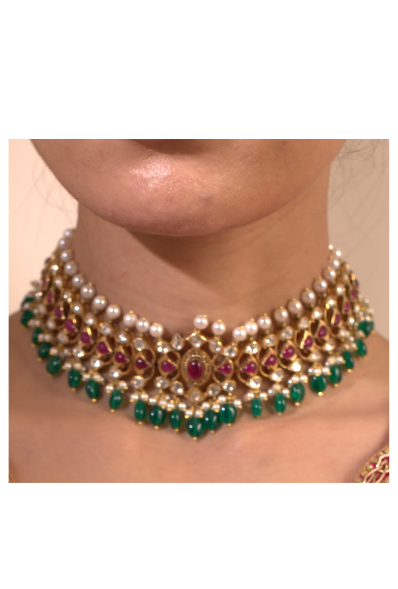 Gold Plated Silver Polki Choker With Red Stones & Green Drops