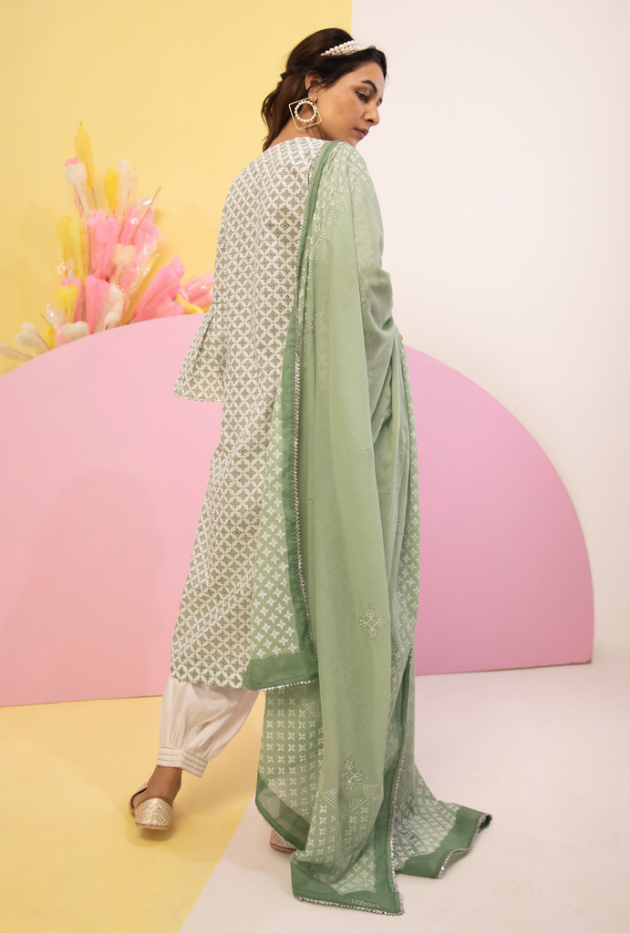 Green Cotton Candy Frill Sleeve Kurta Set