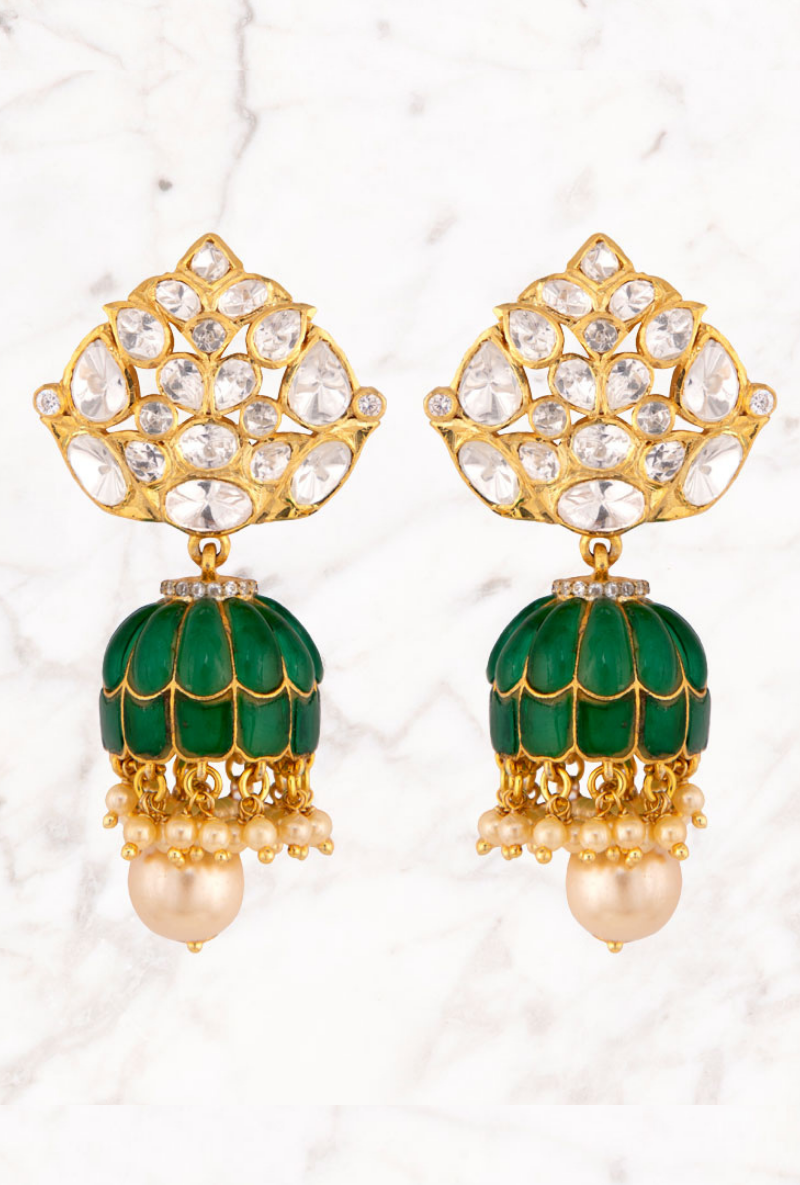 Emerald & Polki Gold Plated Silver Jhumki With Fresh Water Pearl Drops