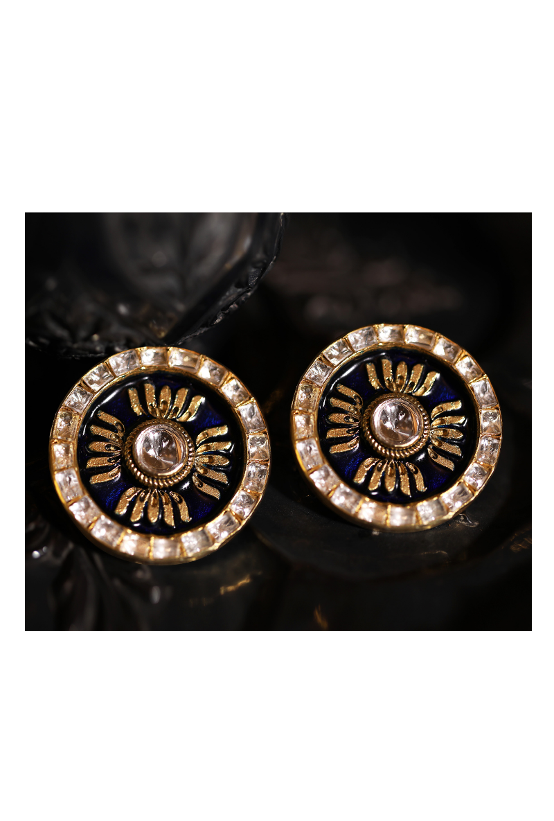 Gold Plated Silver Earrings With Polki & Dark Blue Enameled Lotus Motif