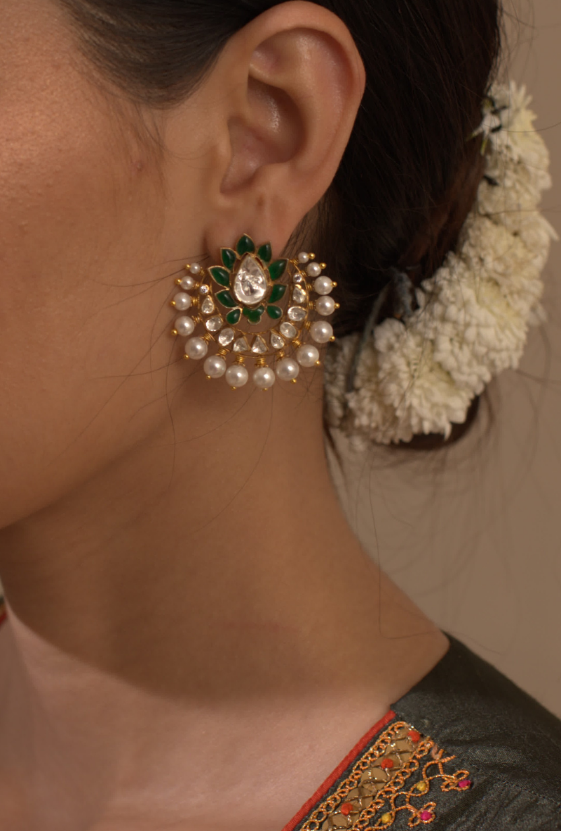 Polki & Green Stone Gold Plated Silver Ear Studs With Pearls