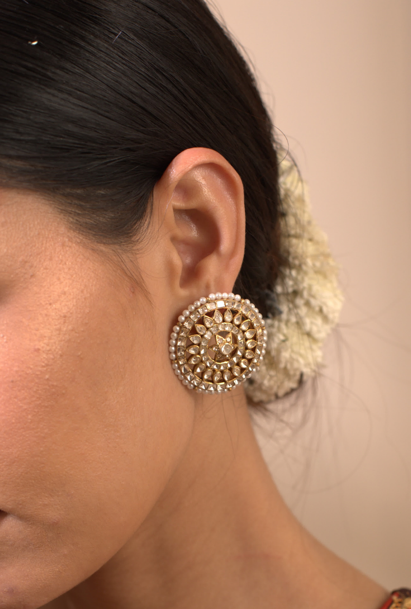 Gold Plated Silver Round Ear Studs With All White Mix Shape Polkis