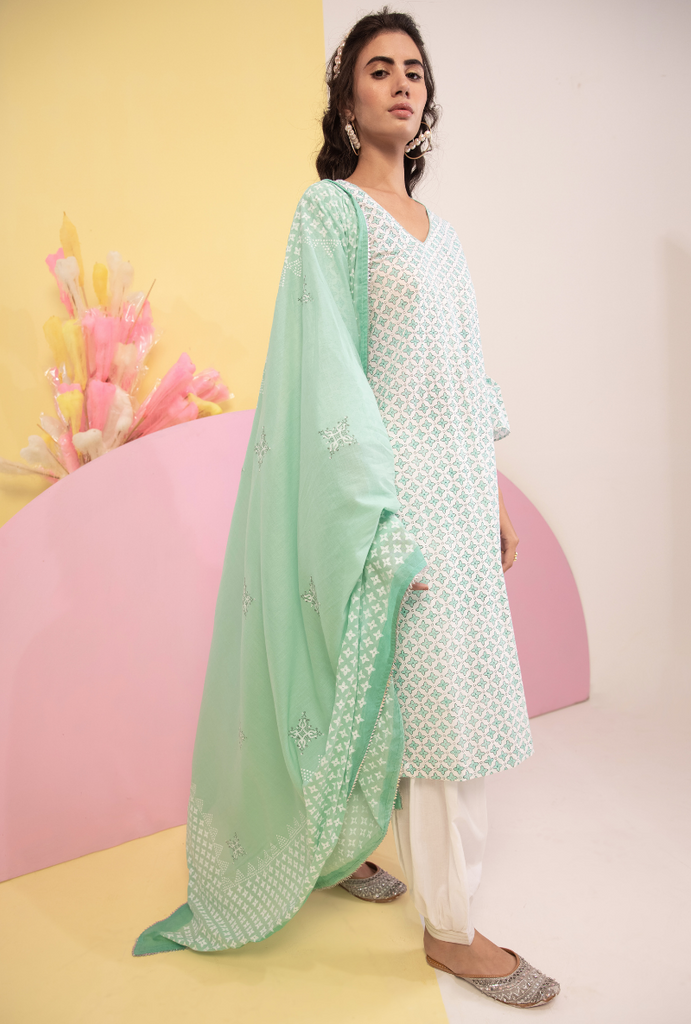 Aqua Cotton Candy Frill Sleeve Kurta Set