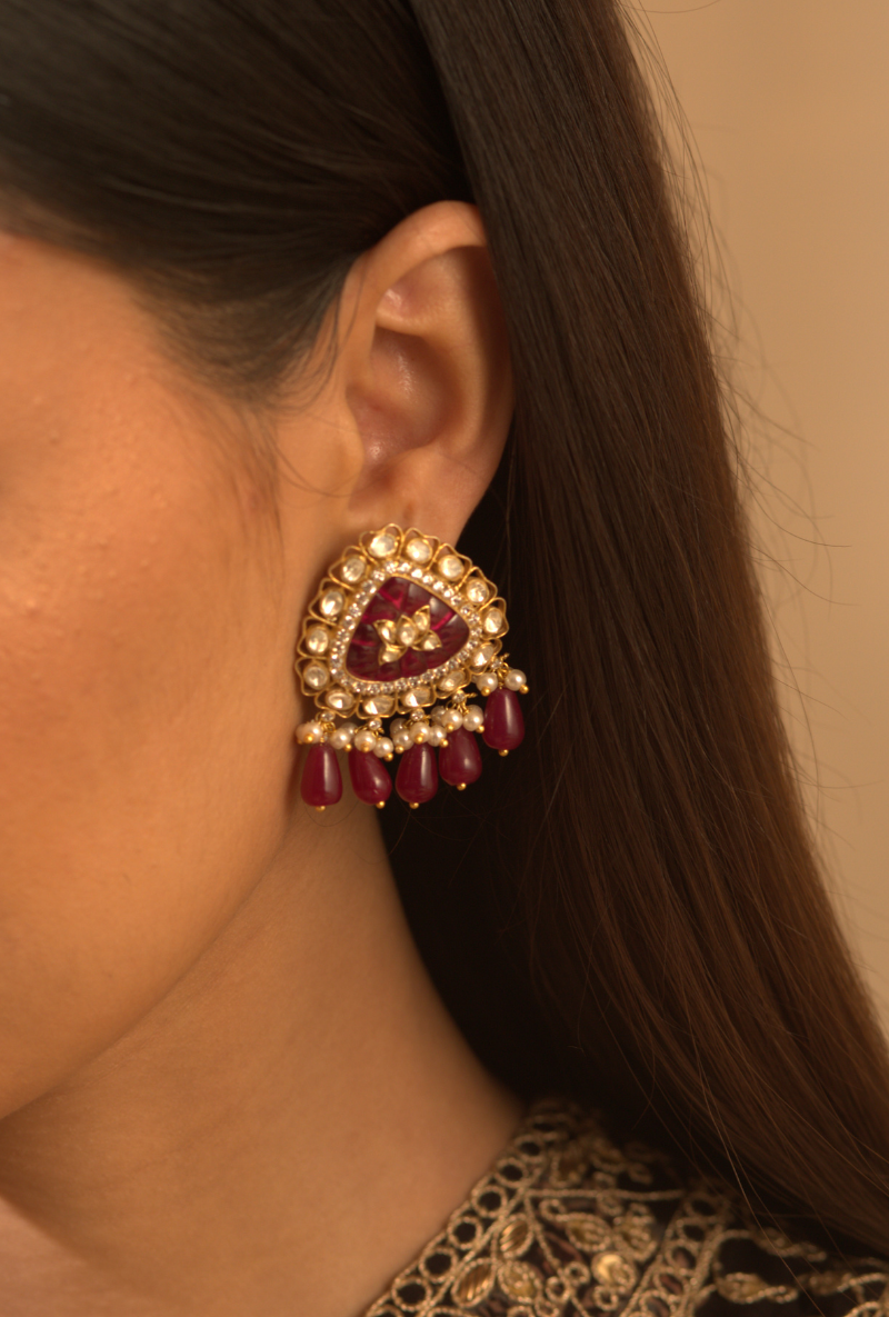 Gold Plated Silver Triangular Earrings With Polki & Ruby Drops