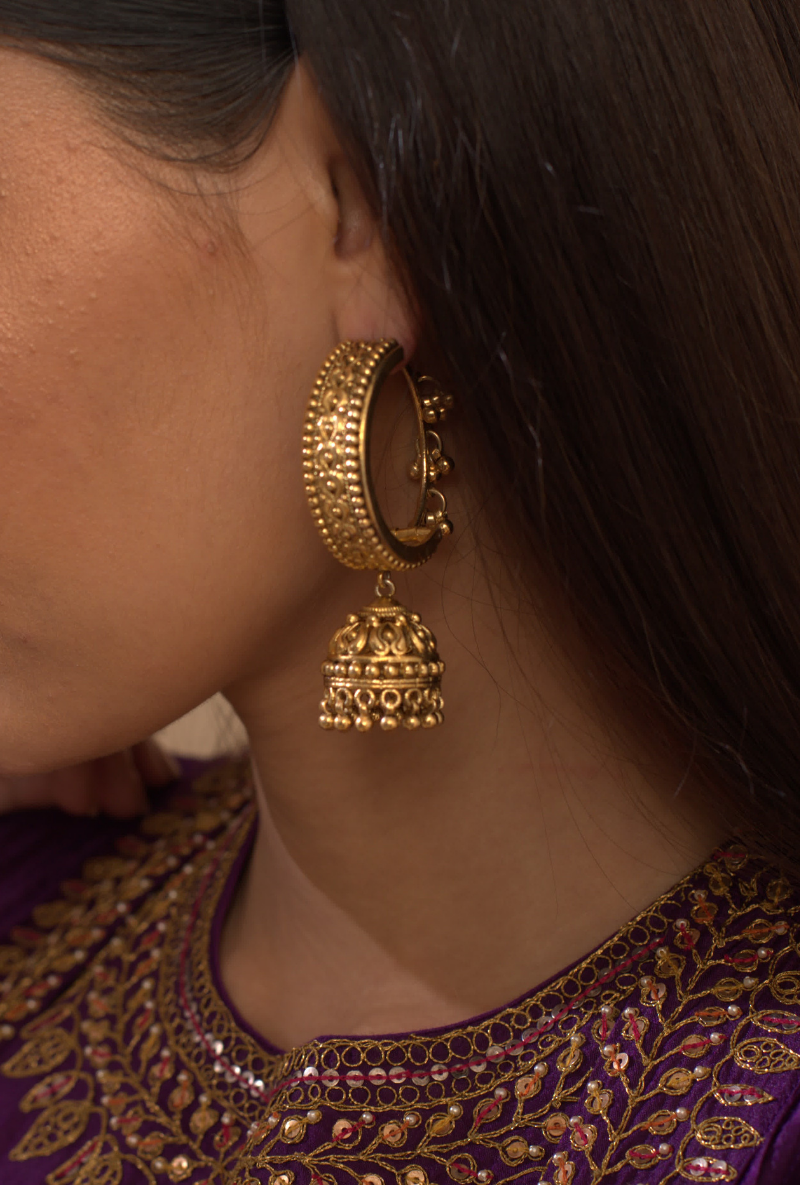 Gold Plated Silver Textured Bali With Jhumki