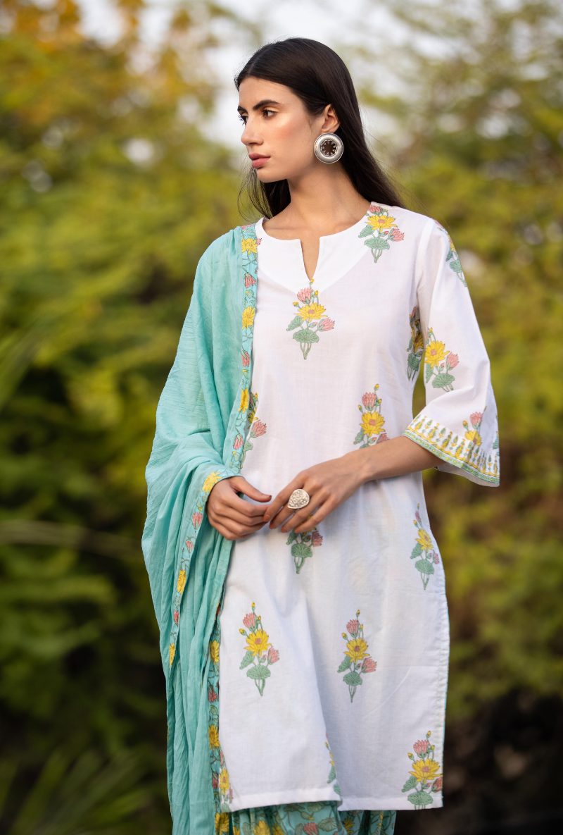 Ivory/Aqua Pankhuri Salwar Kurta Set