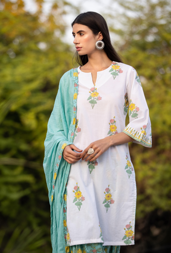 Ivory/Aqua Pankhuri Salwar Kurta Set