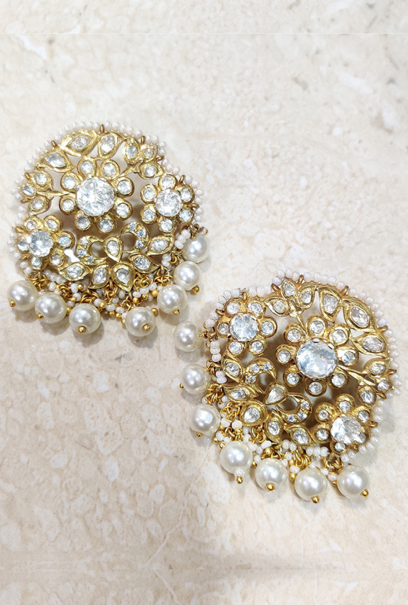 Gold Plated Silver All Polki Ear Studs With Fresh Water Pearl Drops