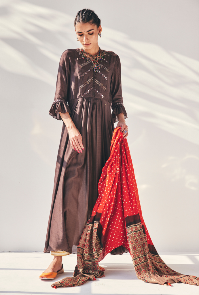 Brown Ajrakh Fiza Kurta Set