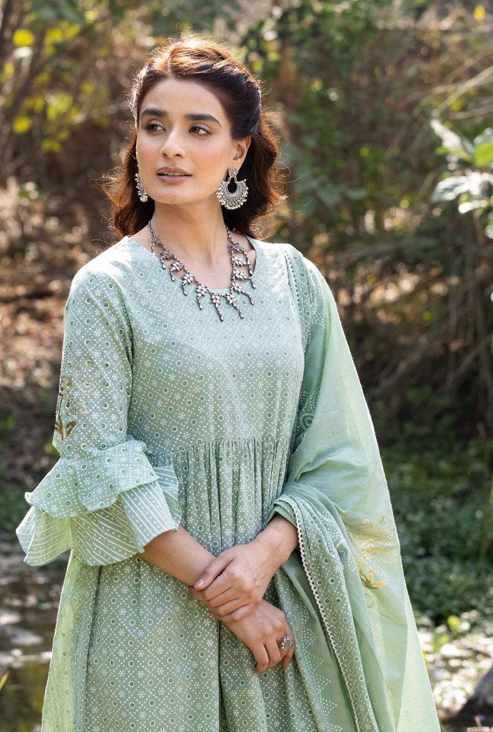 Green Frill Sleeve Titlie Anarkali Set