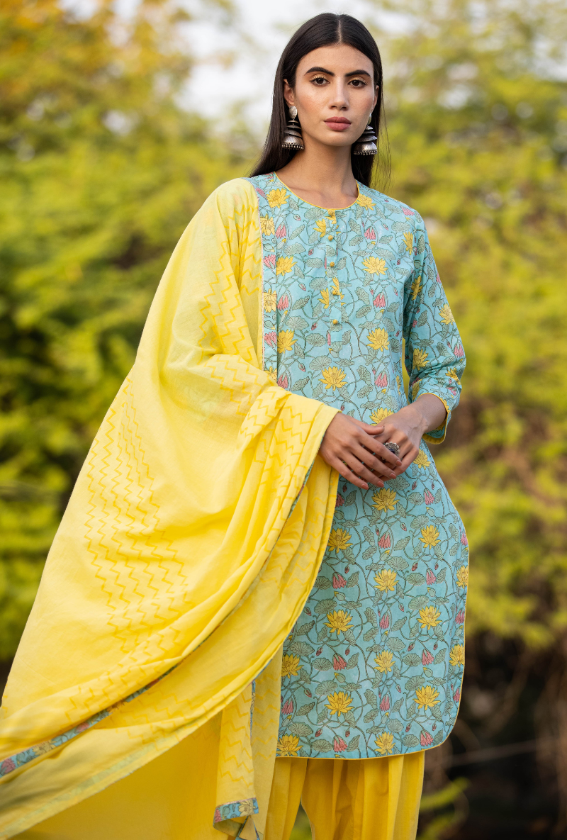 Aqua/Yellow Pankhuri Salwar Kurta Set