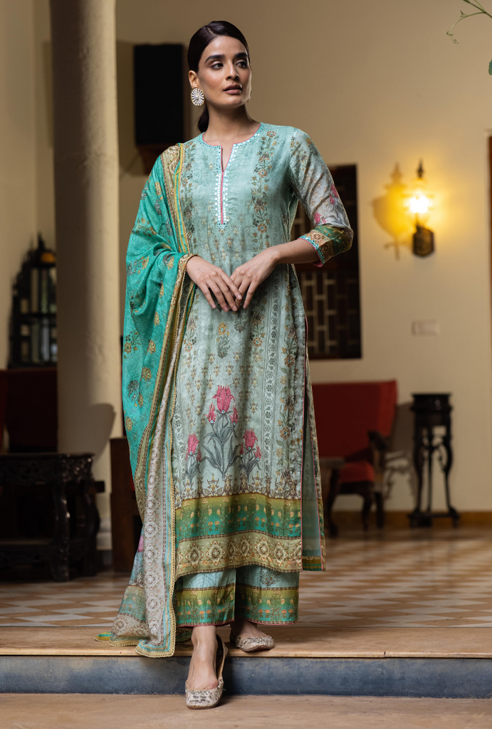 Aqua Mirror Work Malang Kurta Set