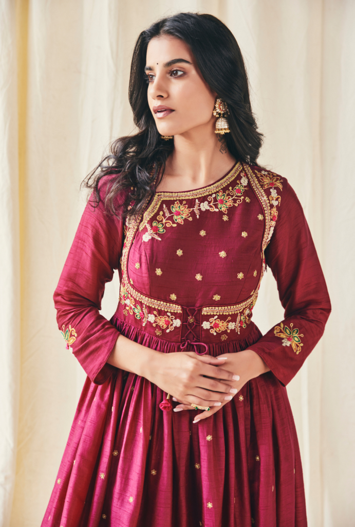 Wine Floral Yolk Meera Anarakli Set