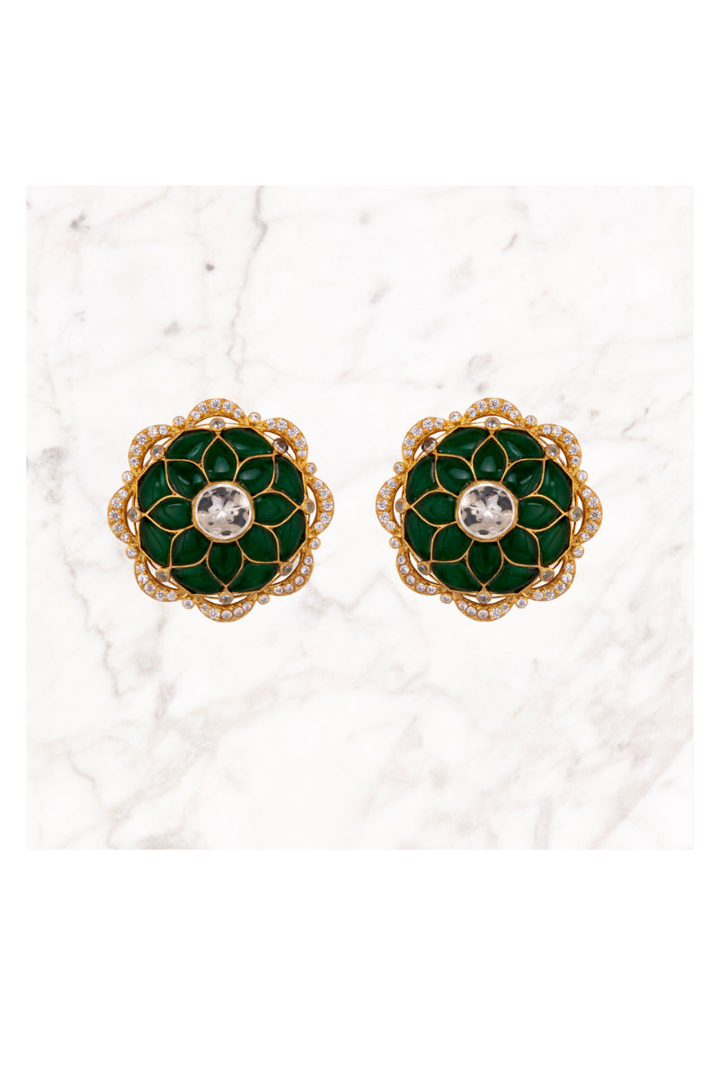 Polki & Green Stone Gold Plated Silver Ear Studs