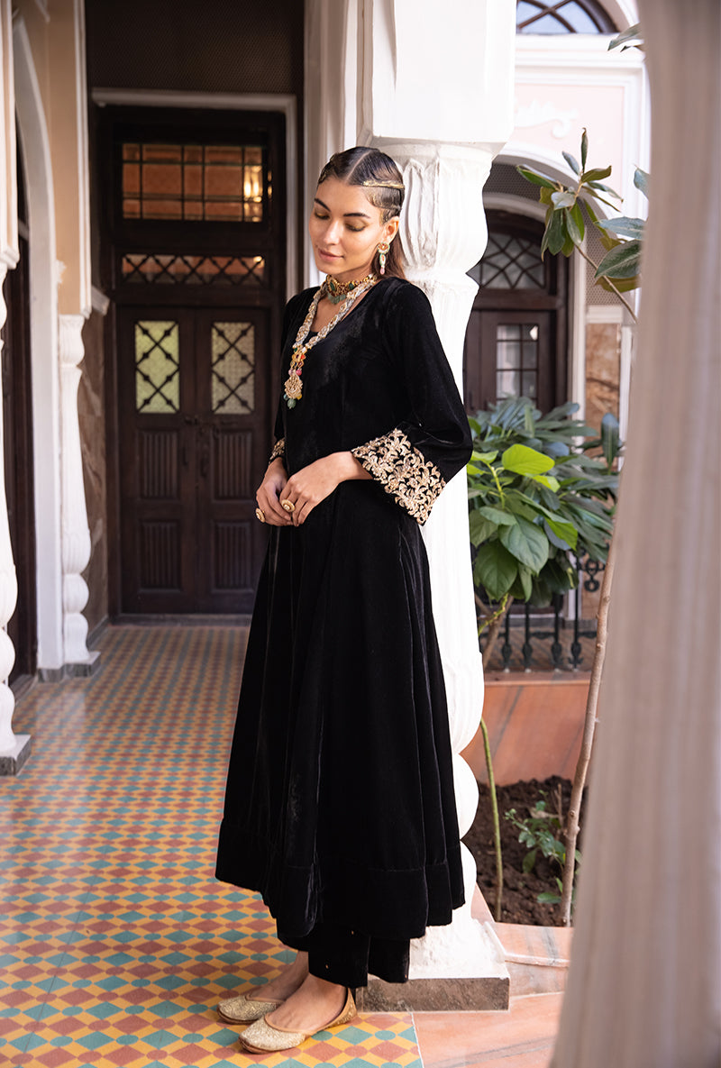 Black Heavy Cuff A-line Velvet Aarzoo Kurta Set