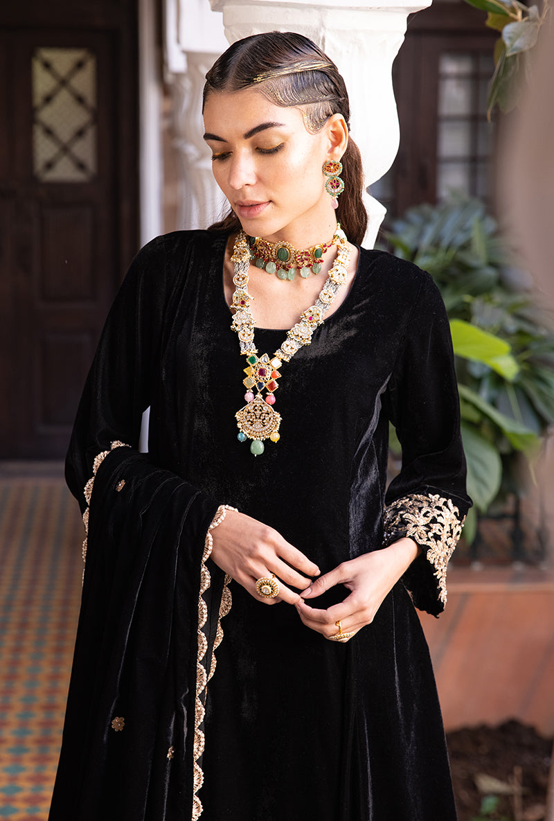 Black Heavy Cuff A-line Velvet Aarzoo Kurta Set