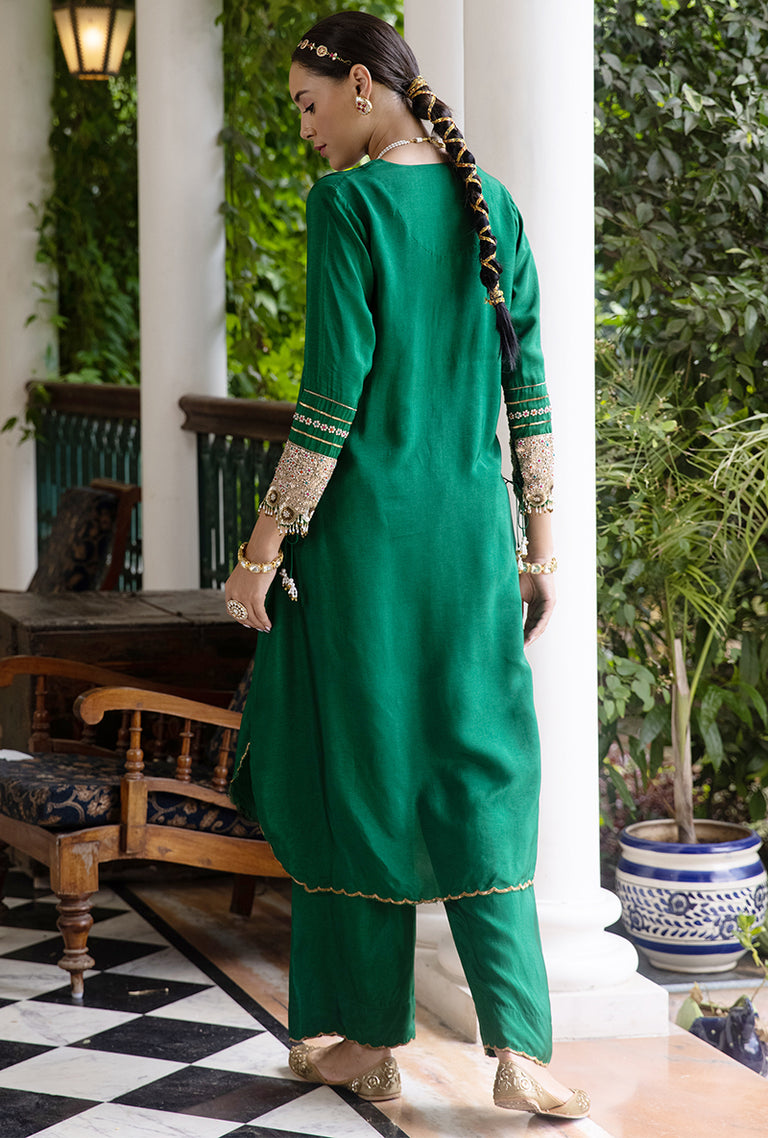 long yoke kurta with slit - meadowlands green & amethyst coneflower