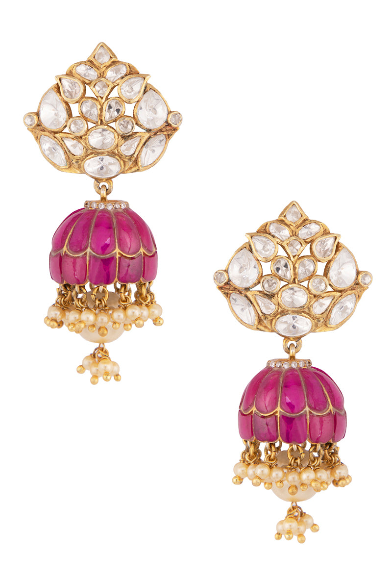 Ruby & Polki Gold Plated Silver Jhumki With Fresh Water Pearl Drops
