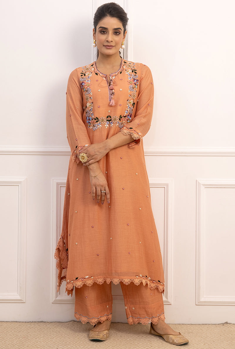 Peach French Knot Handkerchief Suhaani Kurta Set