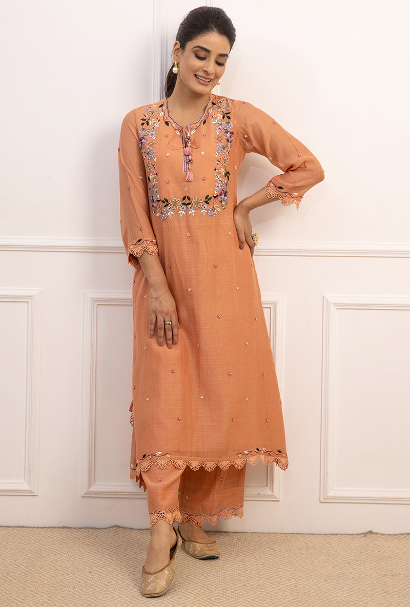 Peach French Knot Handkerchief Suhaani Kurta Set