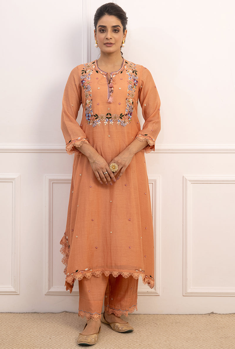 Peach French Knot Handkerchief Suhaani Kurta Set