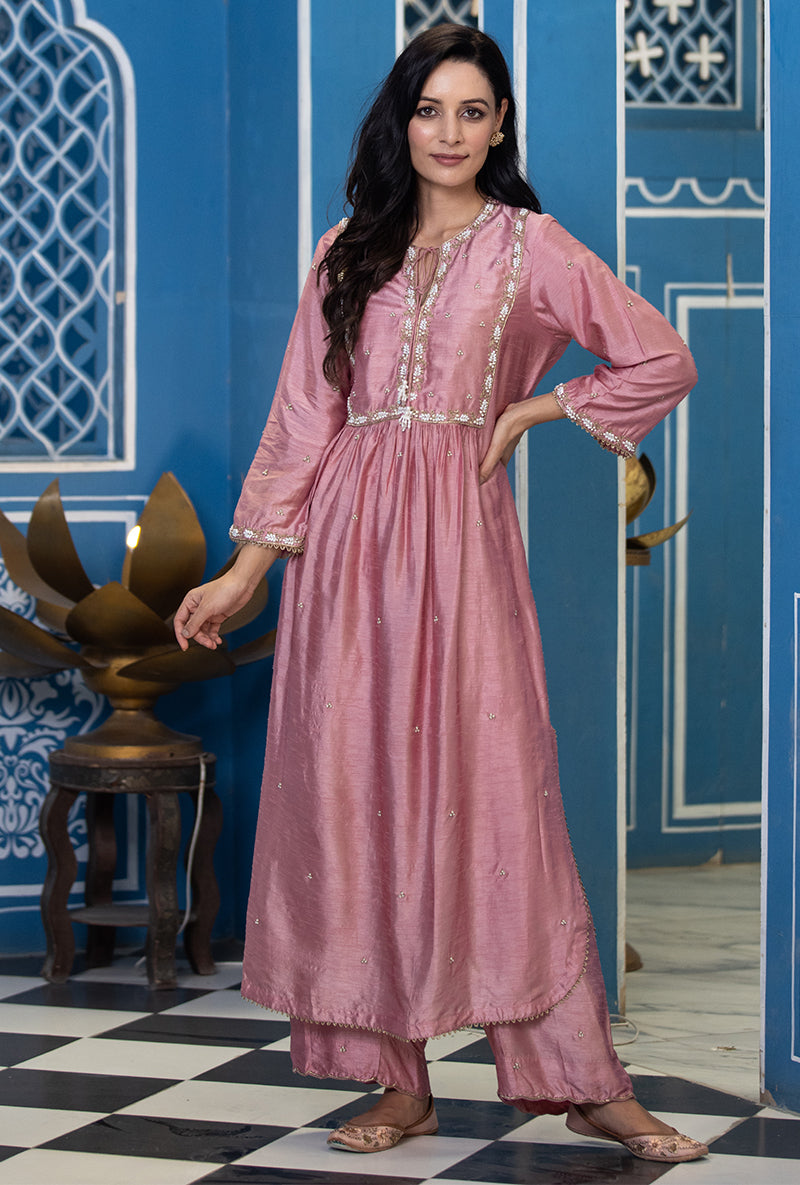 Pink Front Pleat Ameera Kurta Set