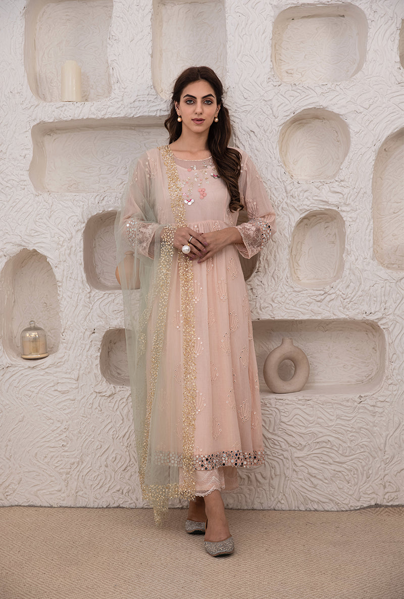 Pink Mirror And Resham Work Kurta Set