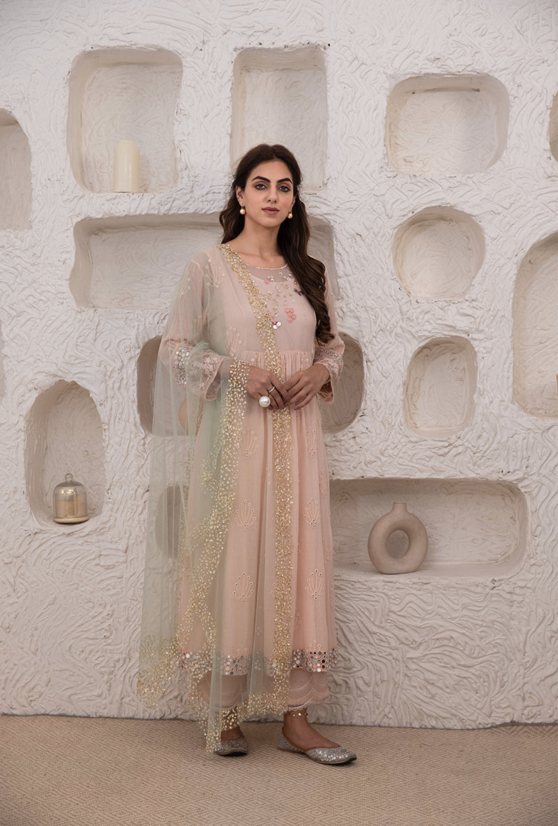 Pink Mirror And Resham Work Kurta Set