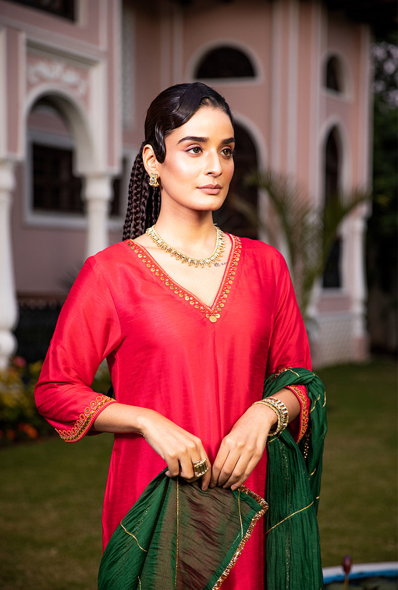 Red V Neck Classic Roohi Kurta Set