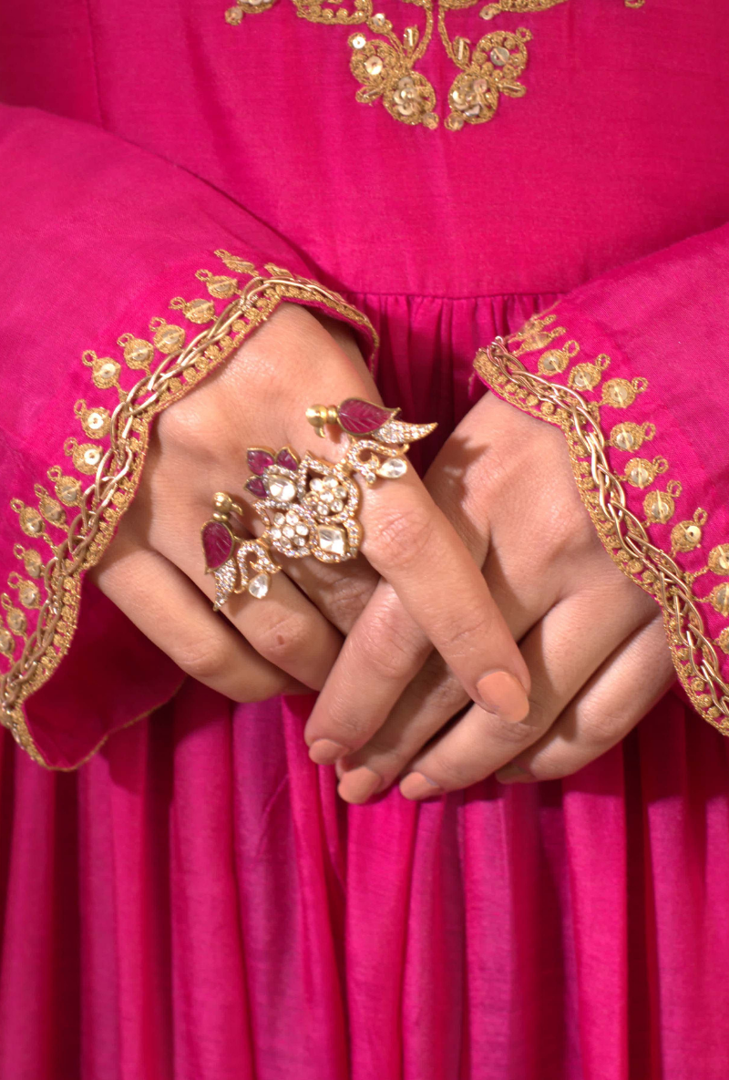 Gold Plated Silver Two Finger Ring With Red Carved Stones & Polki