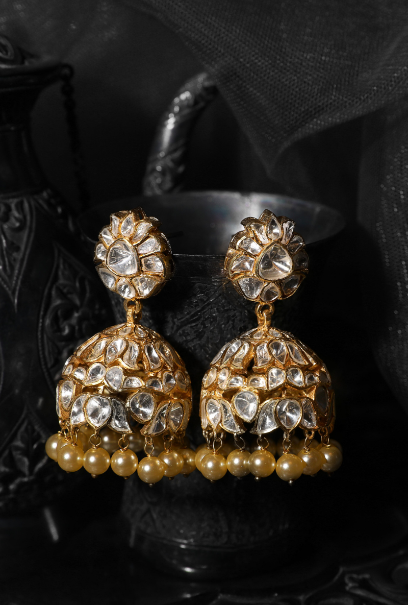 All White Polki Gold Plated Silver Jhumki