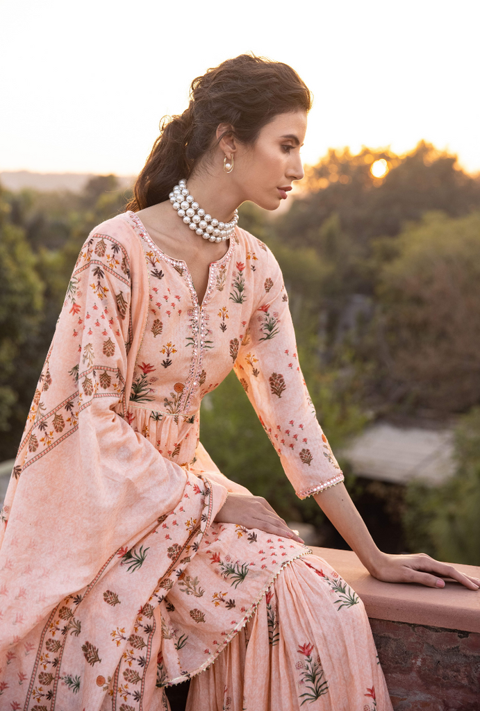 Peach Mirror Work Yoke Malang Gharara Set