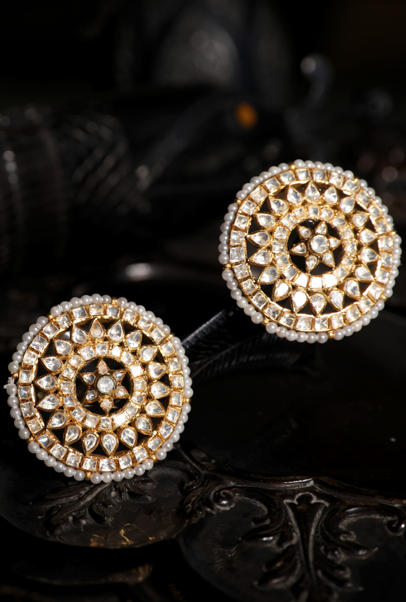 Gold Plated Silver Round Ear Studs With All White Mix Shape Polkis