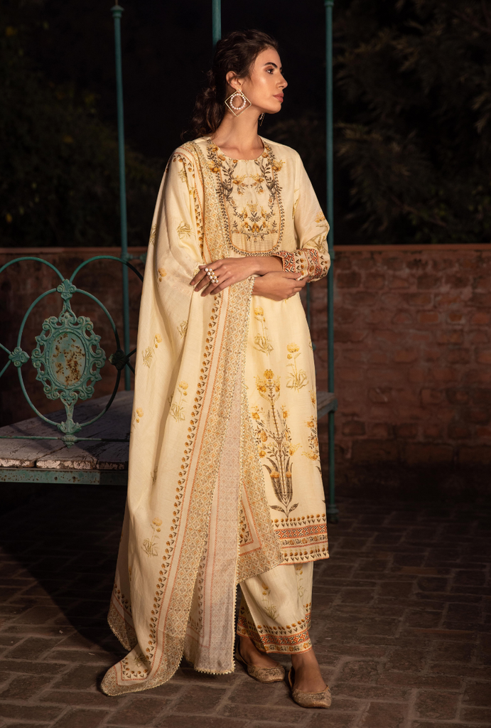 Cream Leaf Yoke Malang Kurta Set