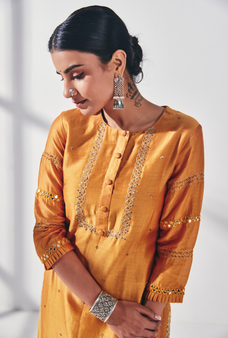 Yellow Mirror Work Fiza Kurta Set