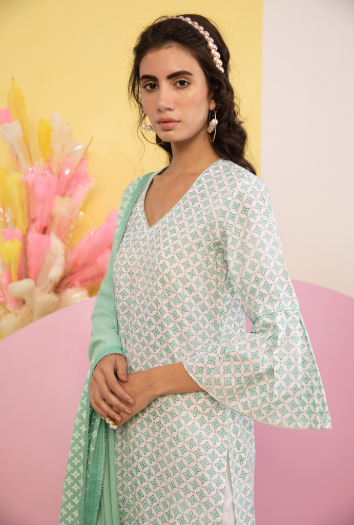 Aqua Cotton Candy Frill Sleeve Kurta Set