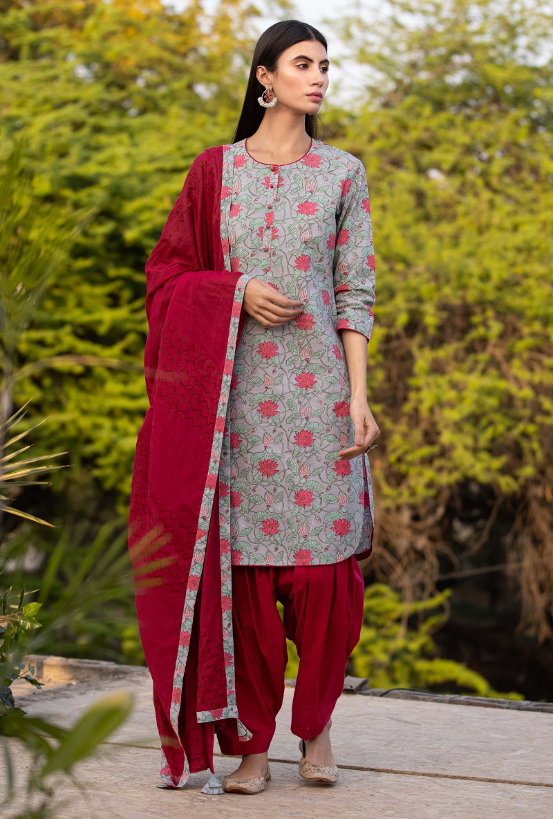 Grey/Red Pankhuri Salwar Kurta Set