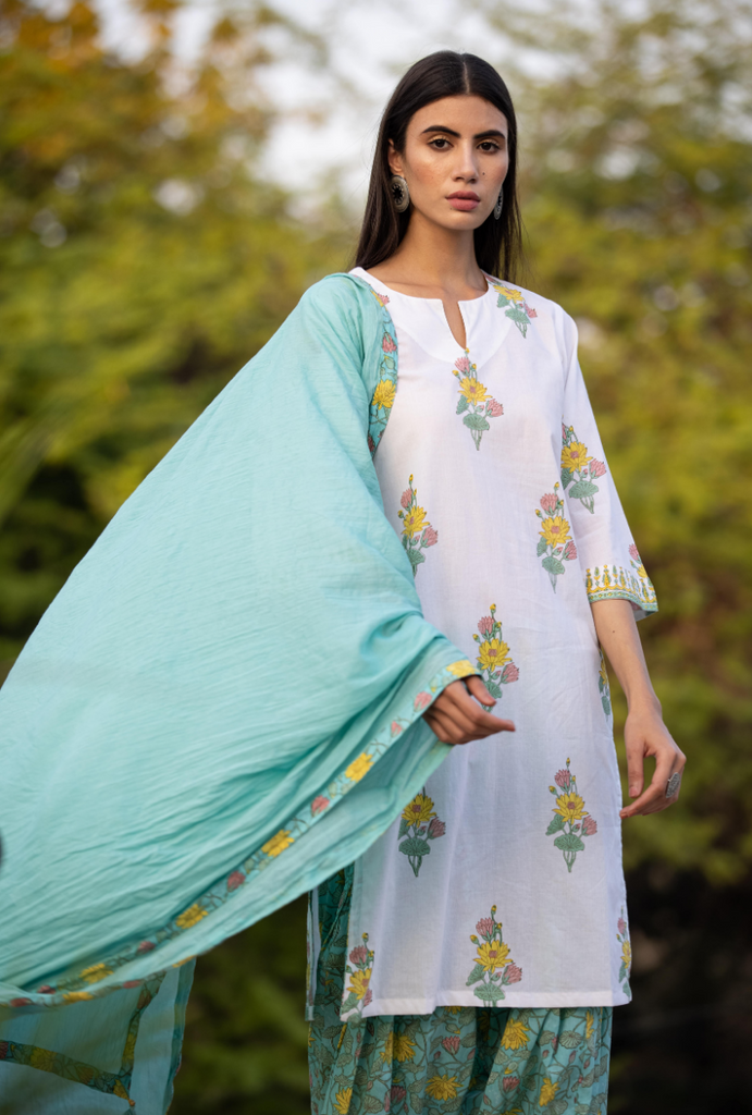 Ivory/Aqua Pankhuri Salwar Kurta Set