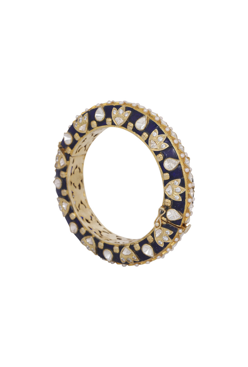 Gold Plated Silver Polki Openable Kada With Blue Stones & Pearls