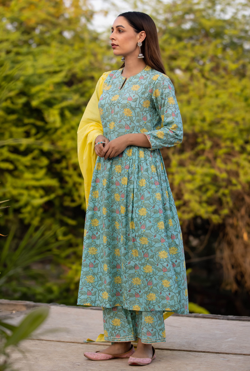 Aqua/Yellow Pankhuri Anarkali Kurta Set