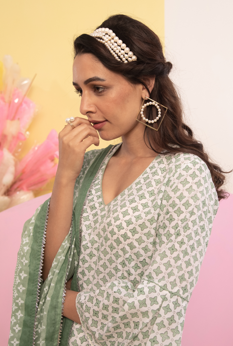 Green Cotton Candy Frill Sleeve Kurta Set