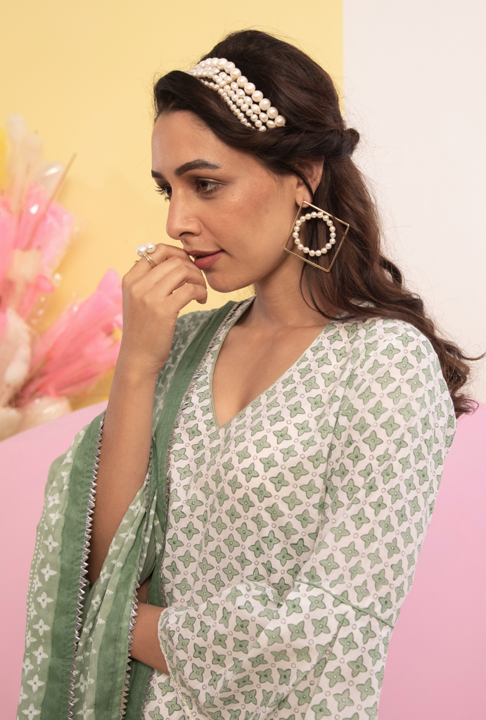 Green Cotton Candy Frill Sleeve Kurta Set