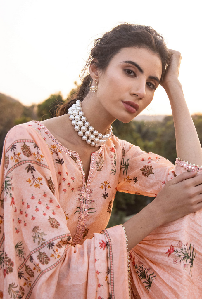 Peach Mirror Work Yoke Malang Gharara Set