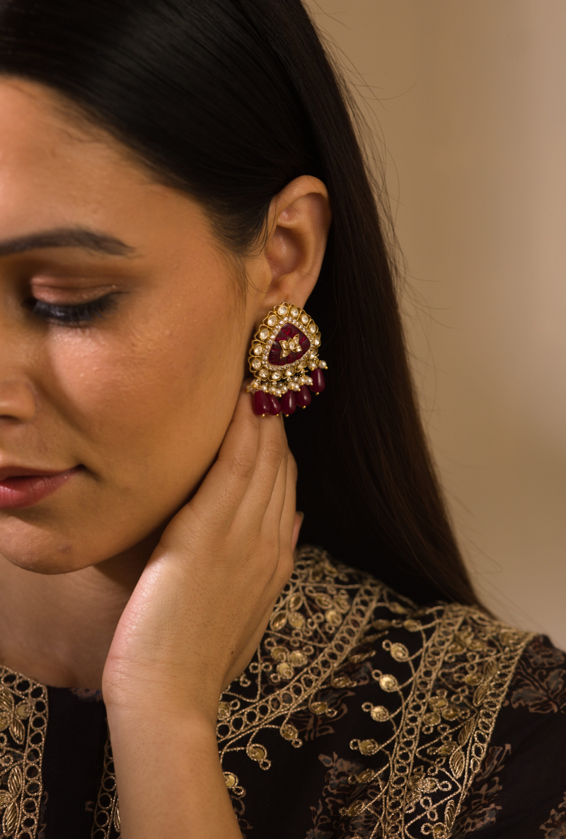 Gold Plated Silver Triangular Earrings With Polki & Ruby Drops