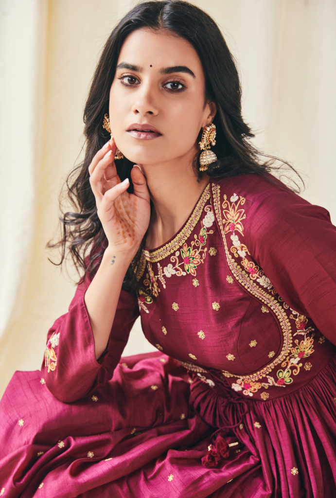 Wine Floral Yolk Meera Anarakli Set