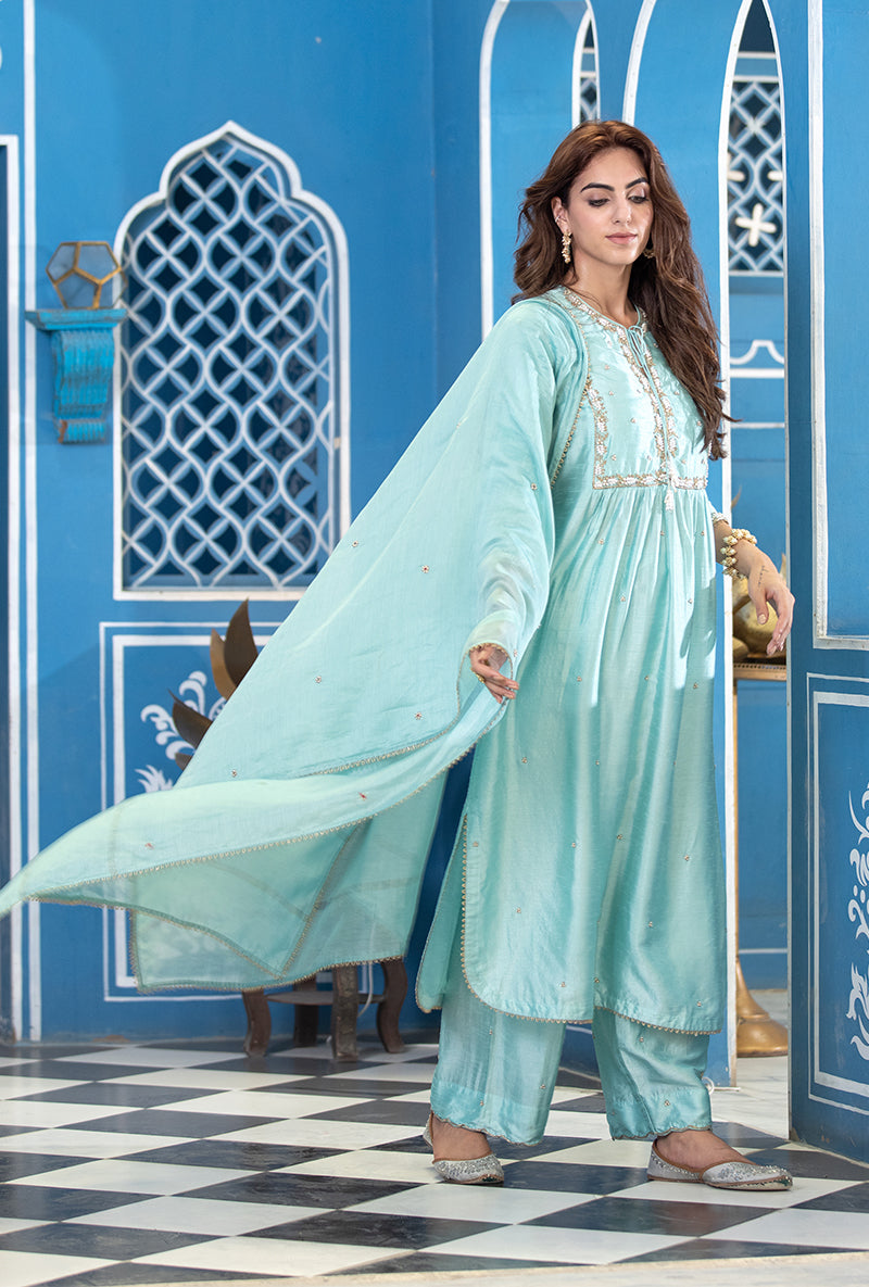 Blue Front Pleat Ameera Kurta Set